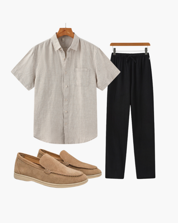 Beige Short Sleeve Shirt, Black Trousers and Brown Loafers Outfit