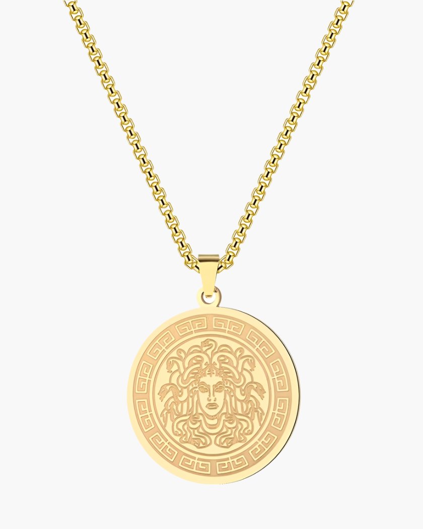Black Short Sleeve Shirt, Beige Trousers and Gold Medallion Necklace Outfit