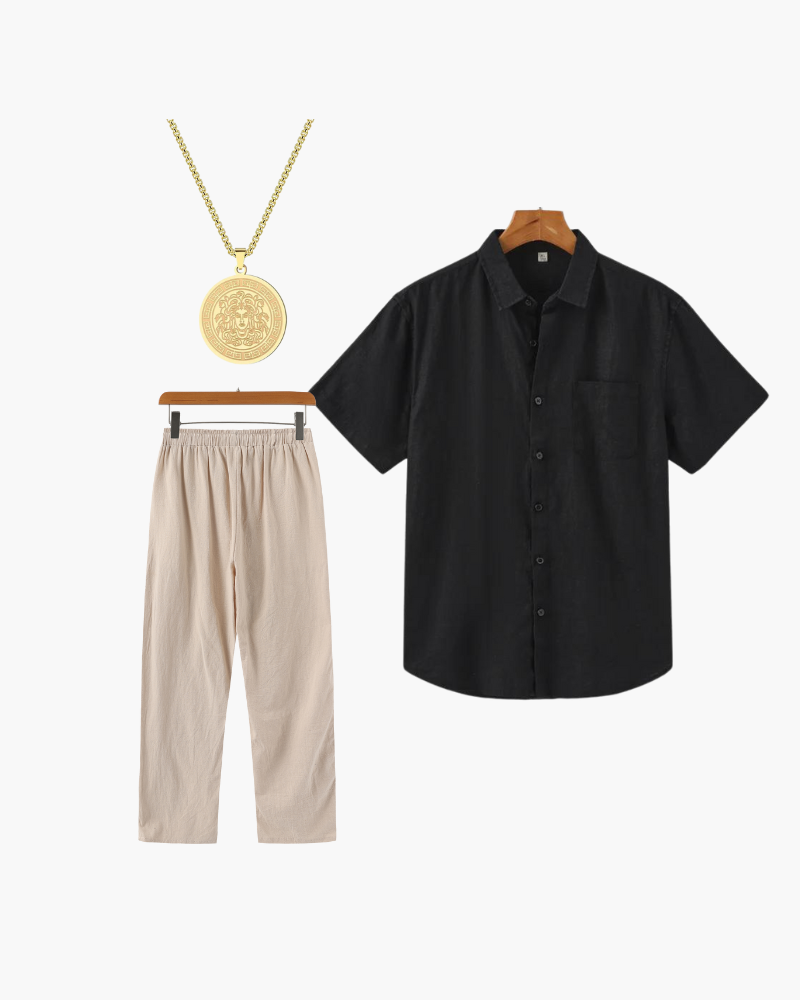 Black Short Sleeve Shirt, Beige Trousers and Gold Medallion Necklace Outfit
