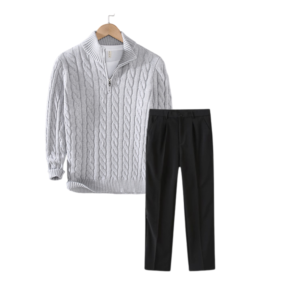 City Walk | Grey Cable Knit Sweater and Black Trousers Set
