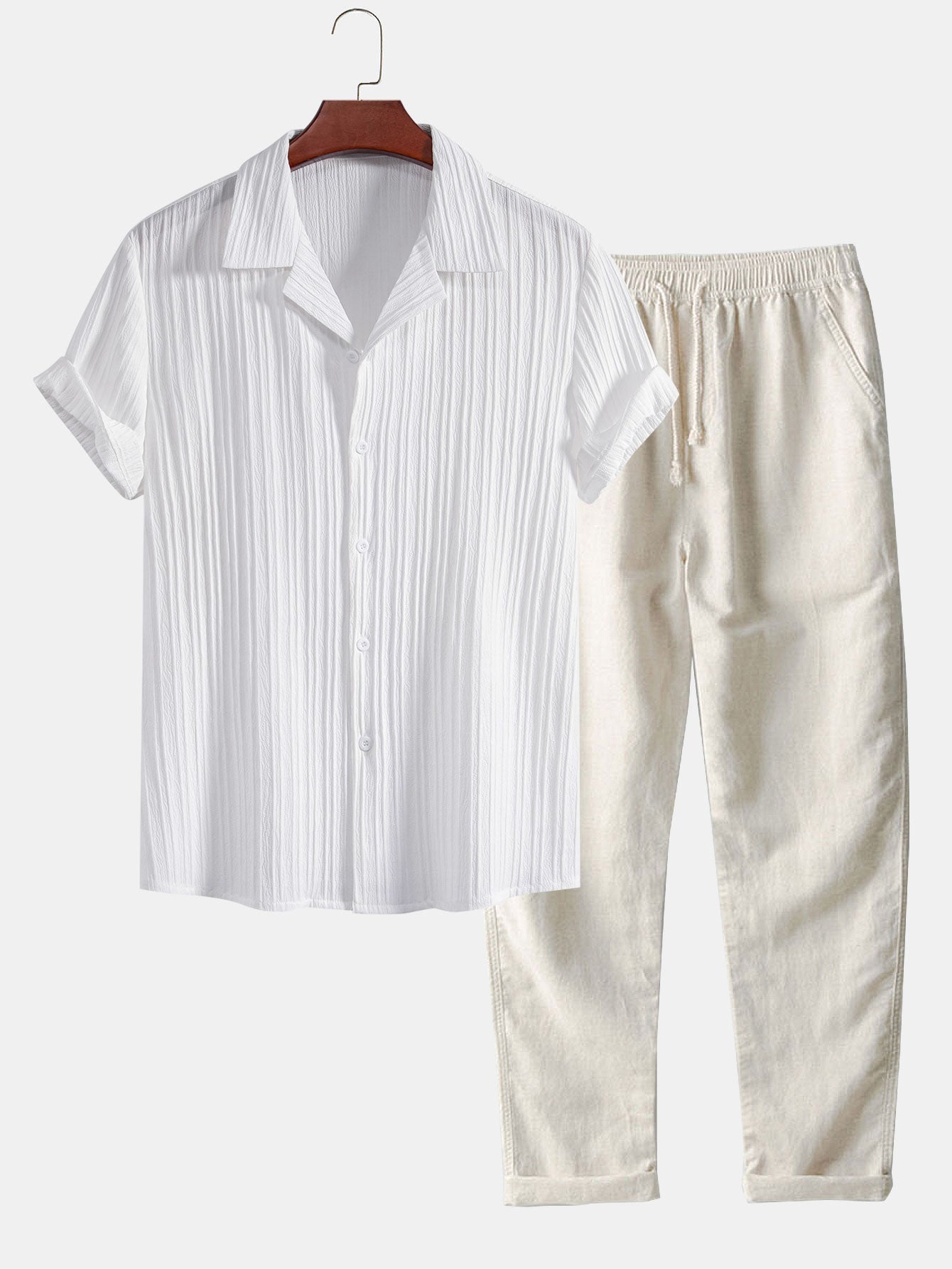 Crinkle Texture Shirt and Drawstring Trousers Set