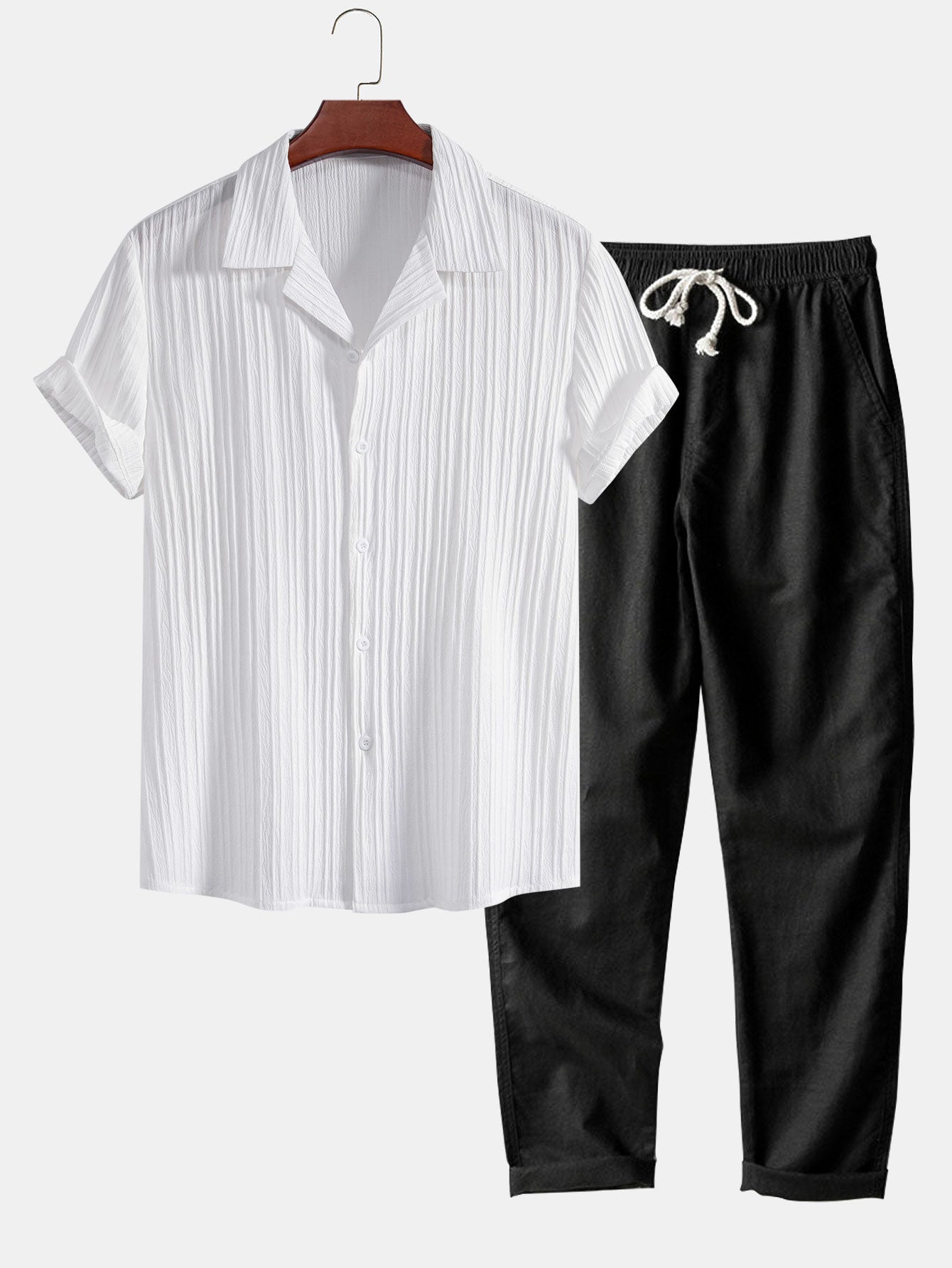 Crinkle Texture Shirt and Drawstring Trousers Set