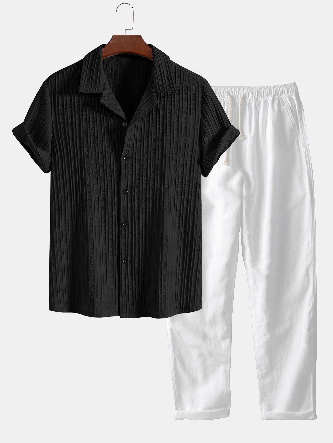 Crinkle Texture Shirt and Drawstring Trousers Set