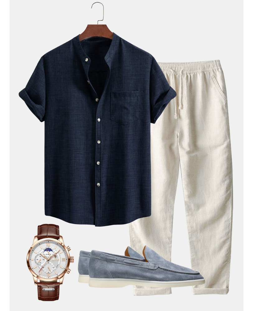 Dark Blue Stand Collar Shirt and Cream Linen Trousers Set