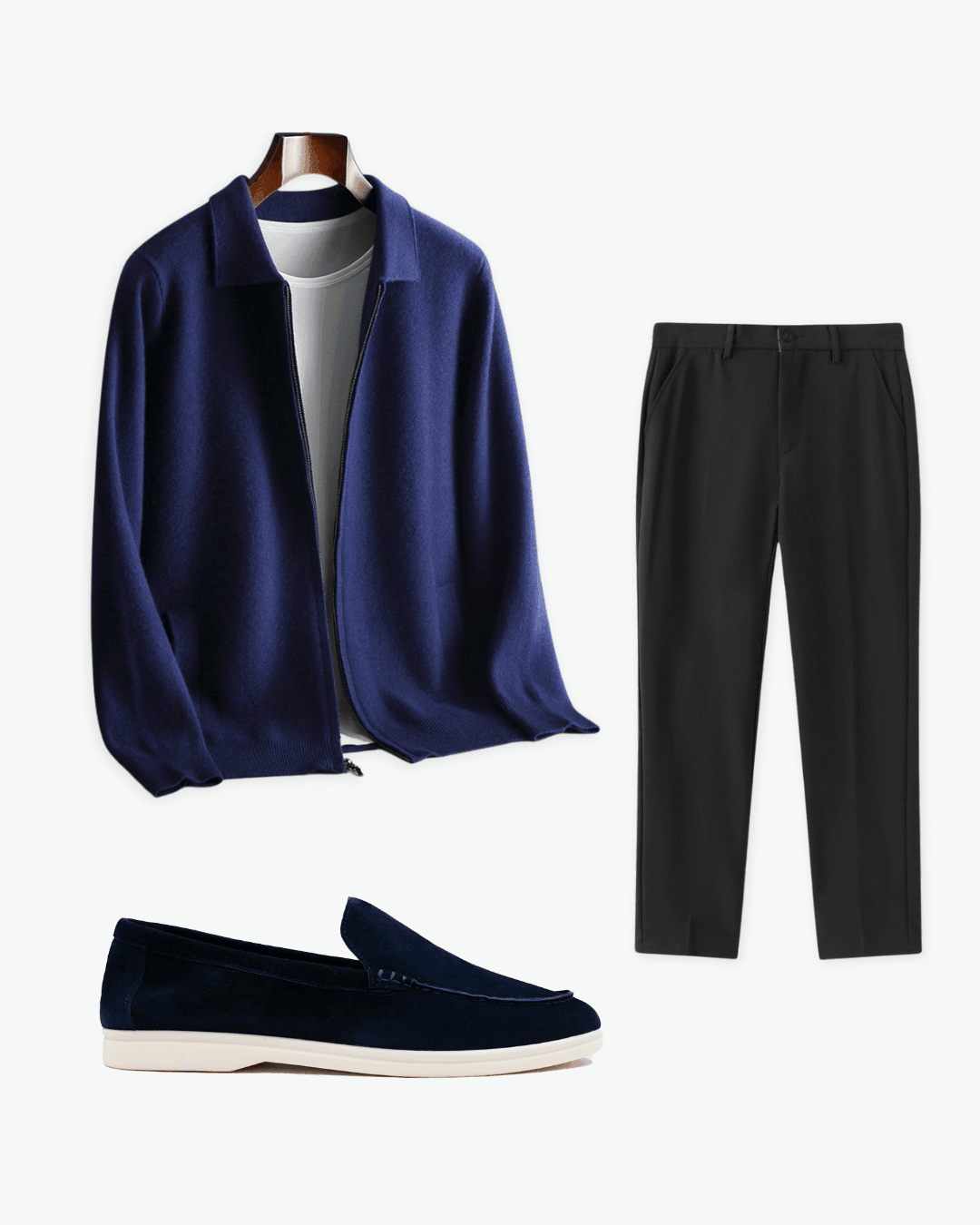 Navy Zip Cardigan, Black Trousers and Navy Loafers