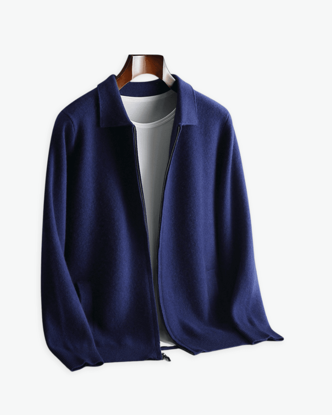Navy Zip Cardigan, Black Trousers and Navy Loafers