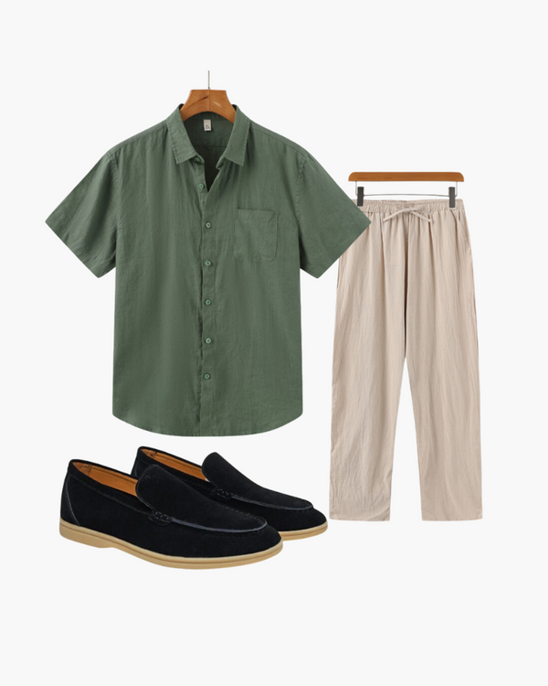 Green Short Sleeve Shirt, Beige Trousers and Black Loafers Outfit
