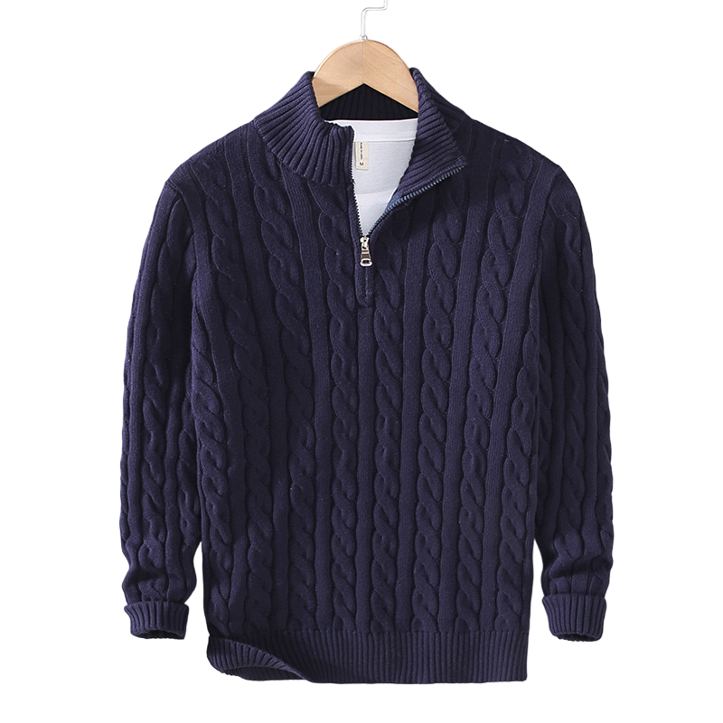 Navy Cable Knit Zip Sweater and White Trousers Outfit
