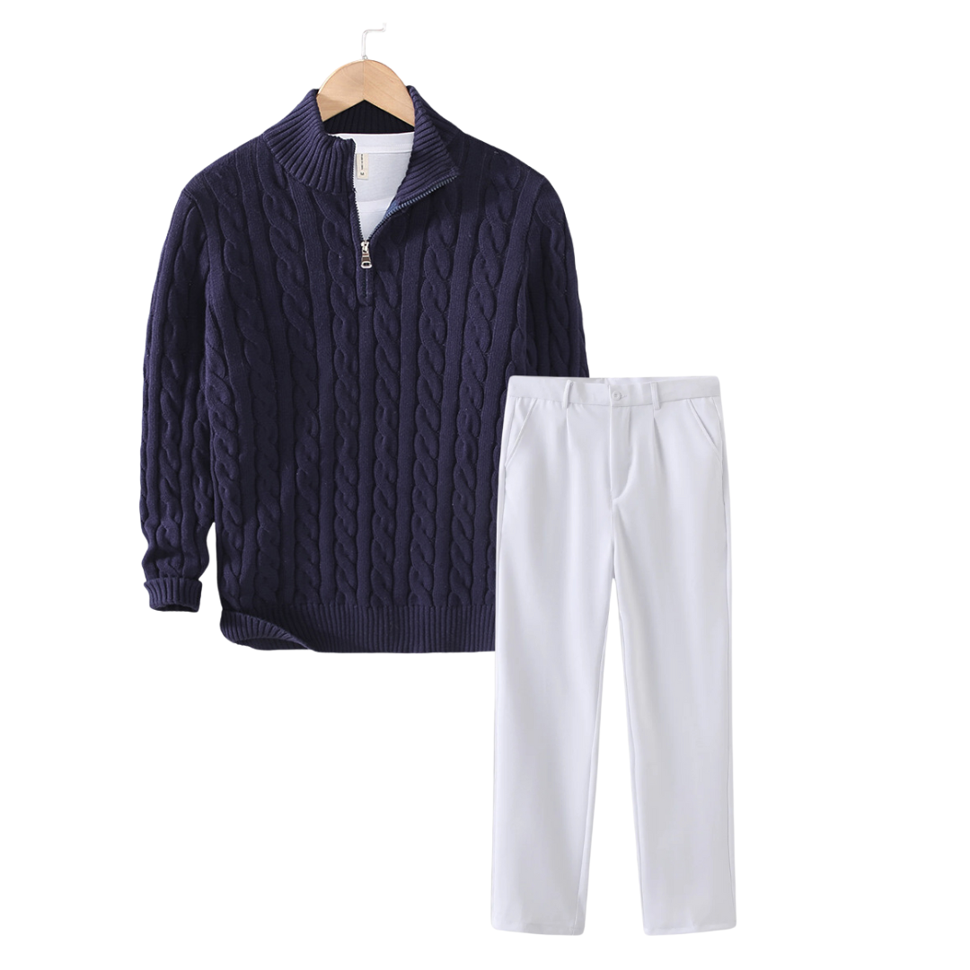 Navy Cable Knit Zip Sweater and White Trousers Outfit