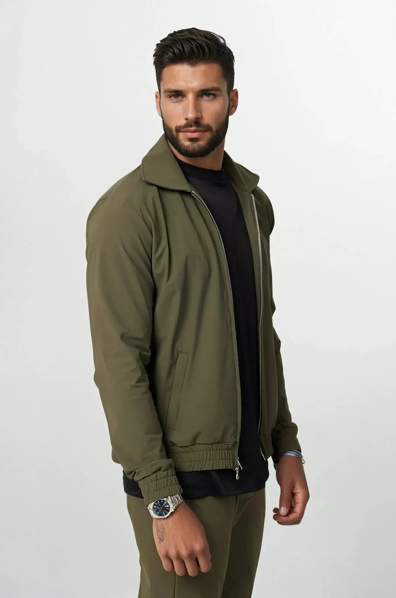 Olive Zip-Up Tracksuit with Fold-Down Collar