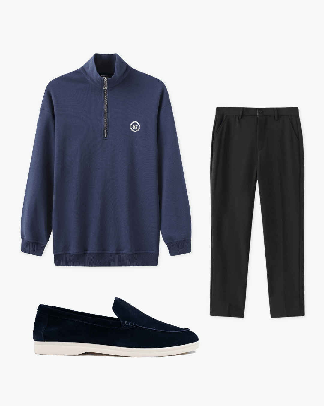 Navy Zip Sweater with Black Trousers and Loafers