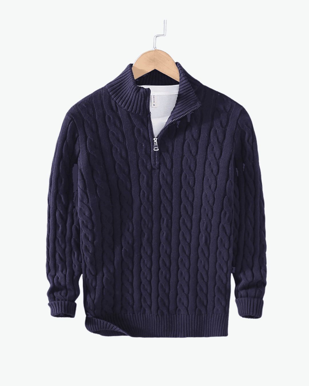 Navy Cable Sweater with Charcoal Trousers and Loafers