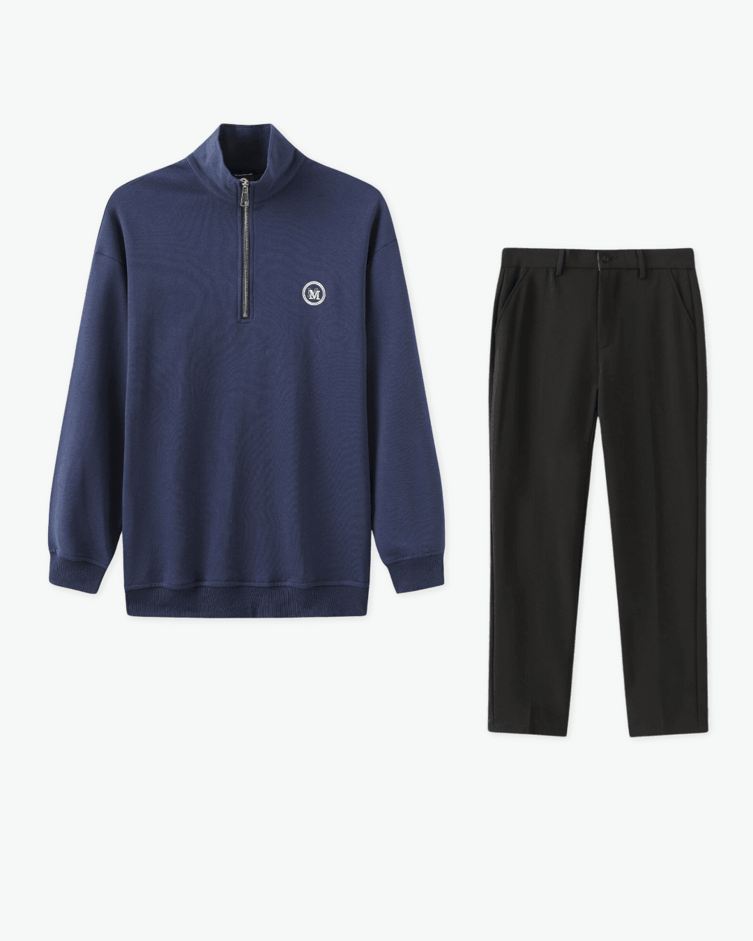 Navy blue half-zip sweatshirt and black pants on a white background