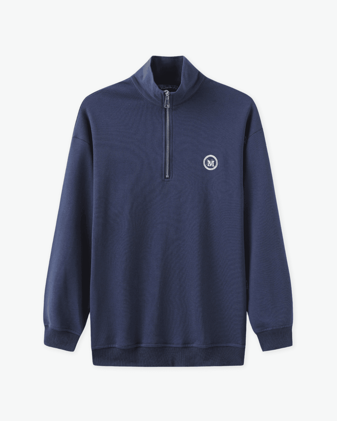 Navy blue pullover with a small logo on a white background