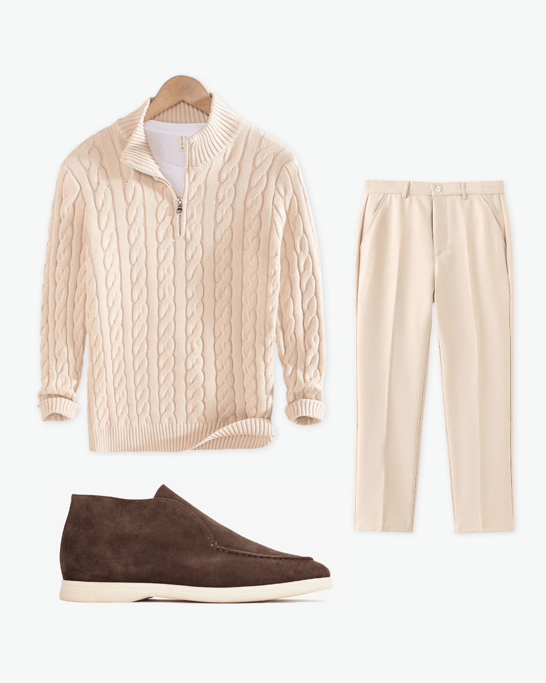 Beige cable knit sweater, beige pants, and brown shoes on a white background