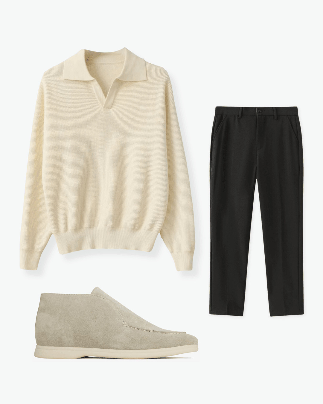 Beige Knit Polo, Black Trousers and Beige Chukka Shoes