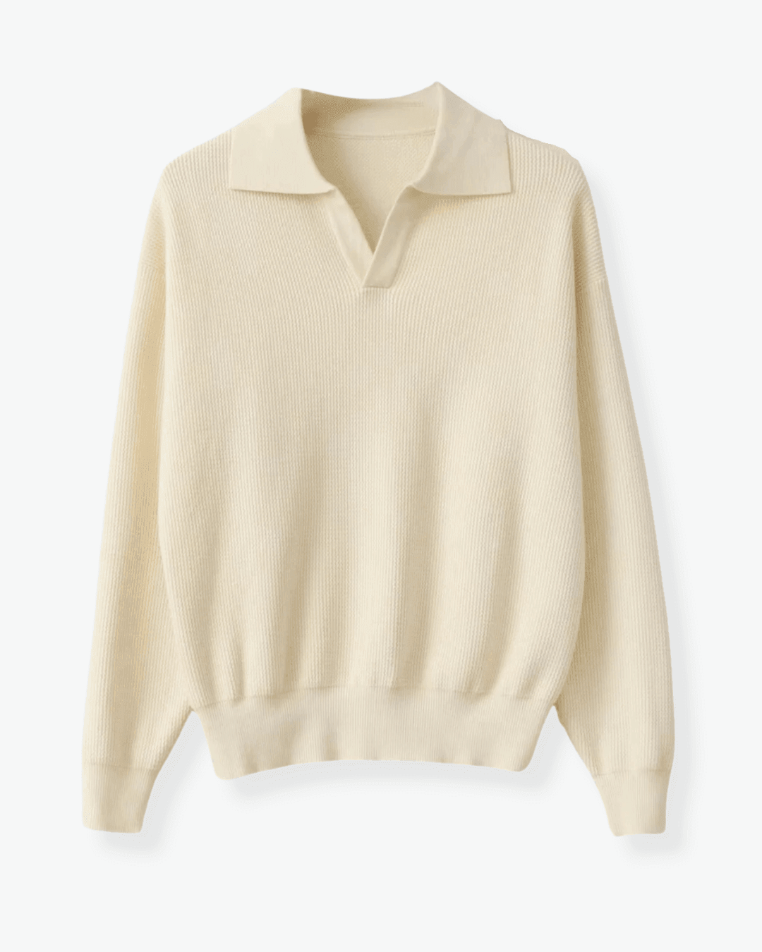 Beige Knit Polo, Black Trousers and Beige Chukka Shoes