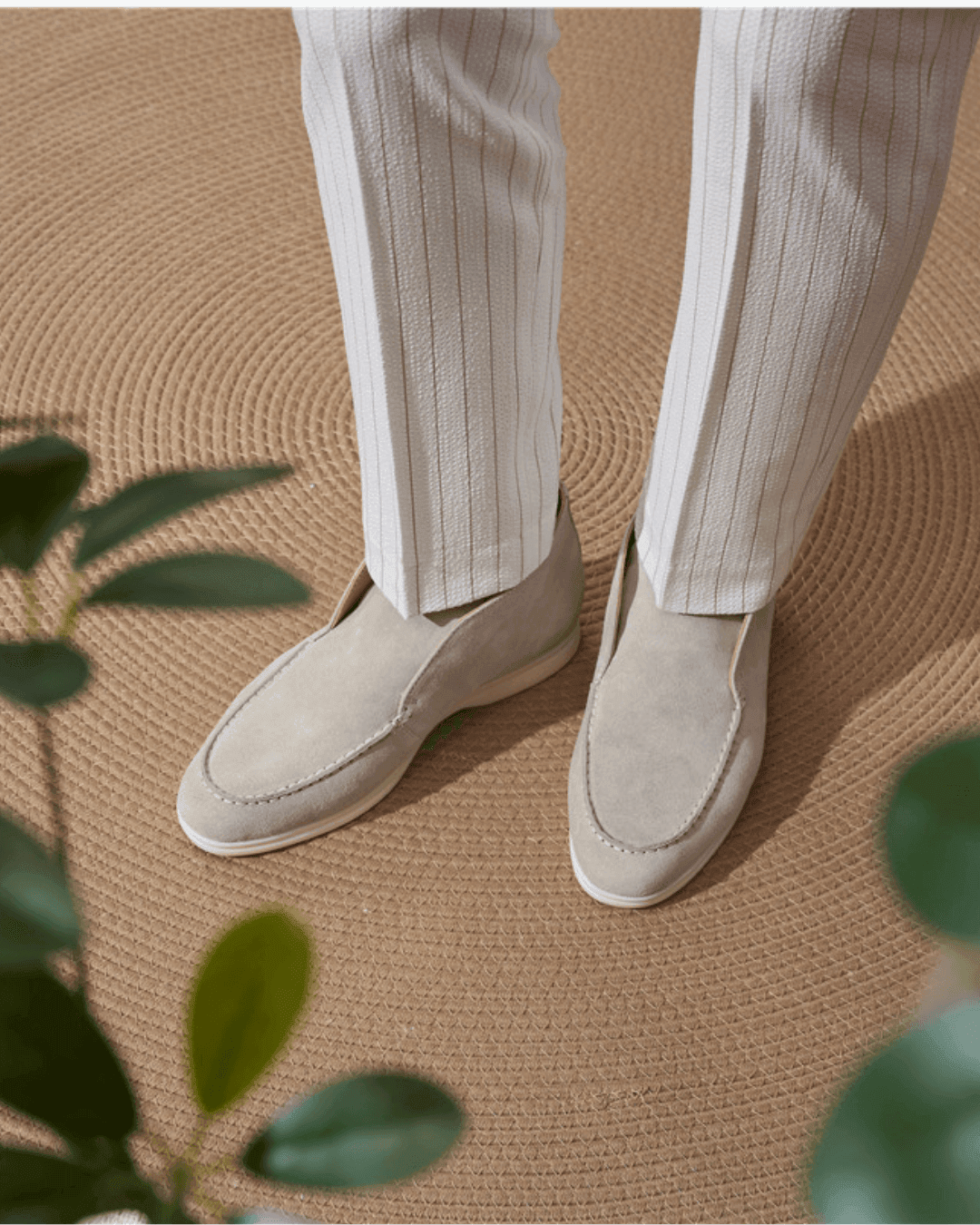 Beige Knit Polo, Black Trousers and Beige Chukka Shoes