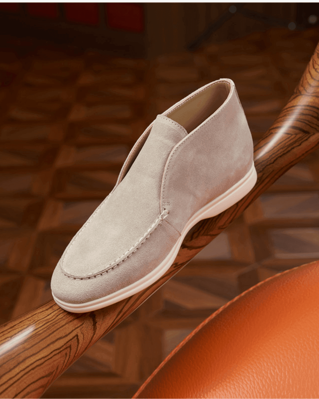 Beige Knit Polo, Black Trousers and Beige Chukka Shoes