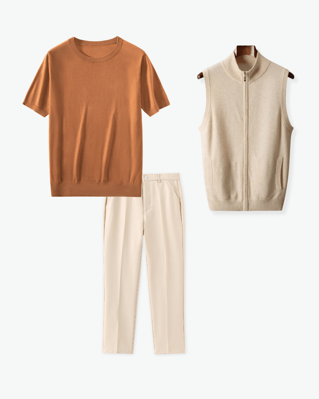 Rust Wool T-shirt, Beige Vest and Cream Trousers