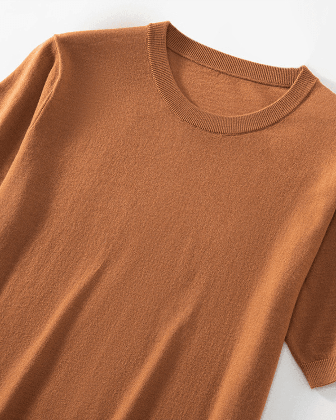 Rust Wool T-shirt, Beige Vest and Cream Trousers