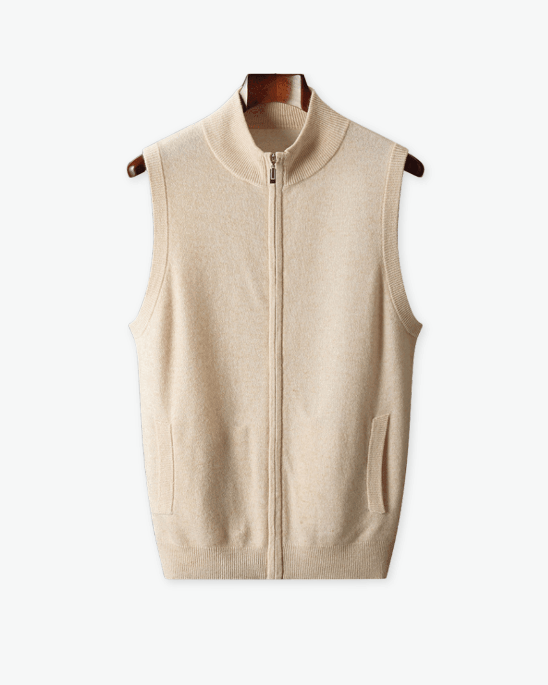Rust Wool T-shirt, Beige Vest and Cream Trousers