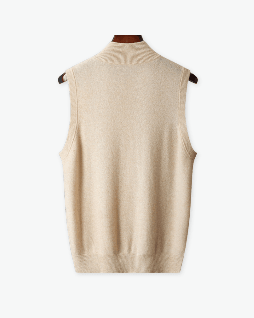 Rust Wool T-shirt, Beige Vest and Cream Trousers