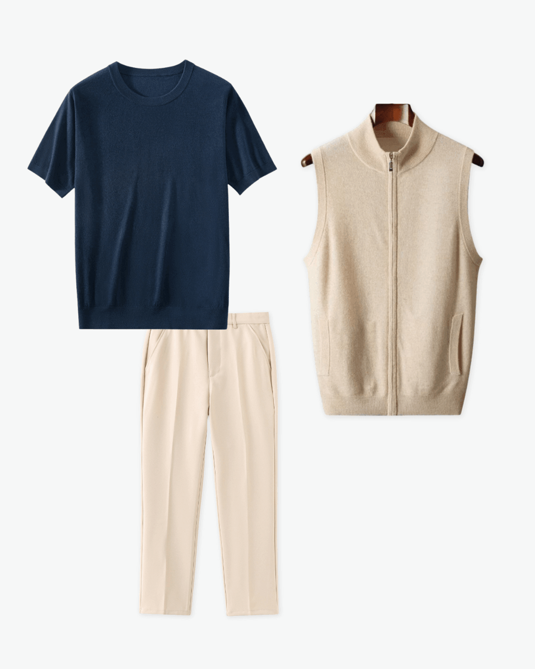 Navy Wool T-shirt, Beige Vest and Cream Trousers