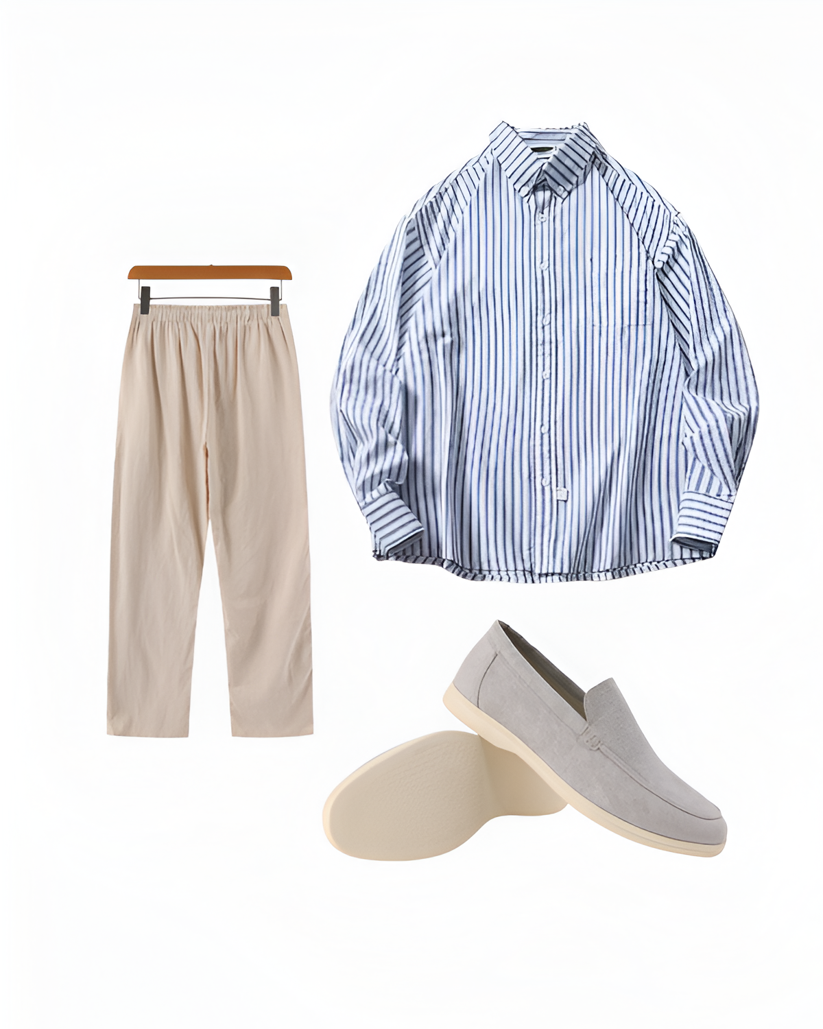 Blue Striped Shirt, Beige Trousers and Grey Loafers