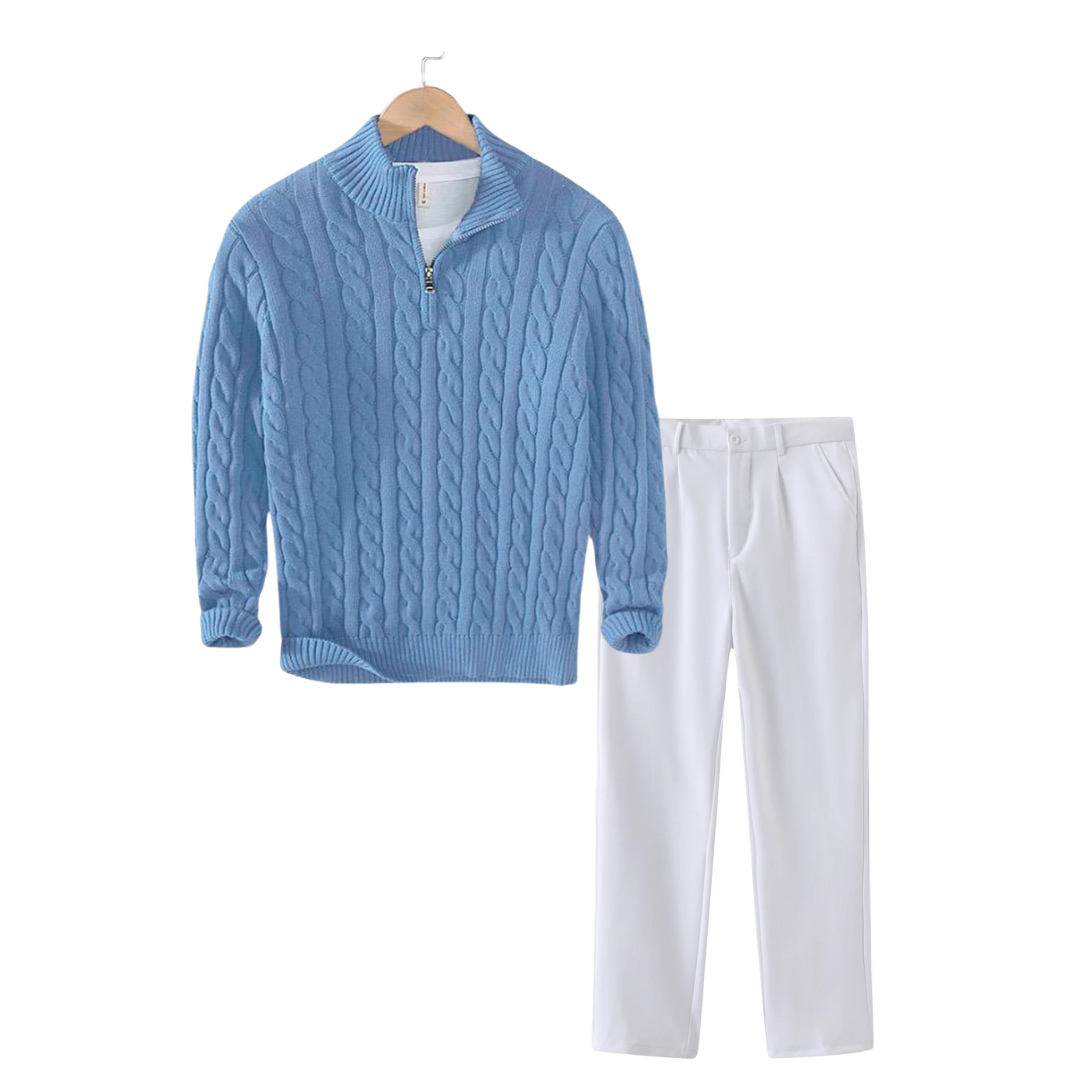 Riviera Stroll | Cable Knit Sweater and White Trousers Set