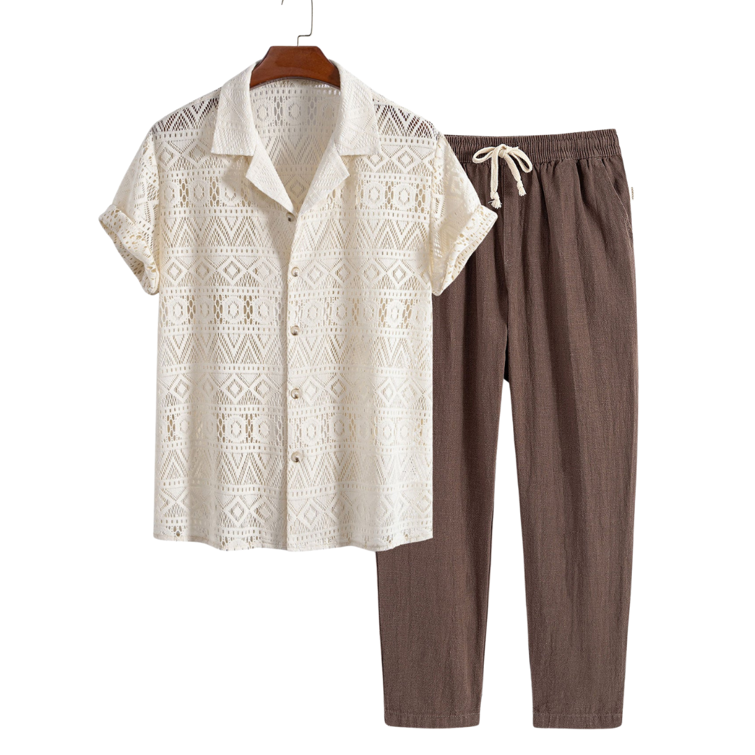 Short Sleeve Crochet Shirt and Drawstring Trousers Set
