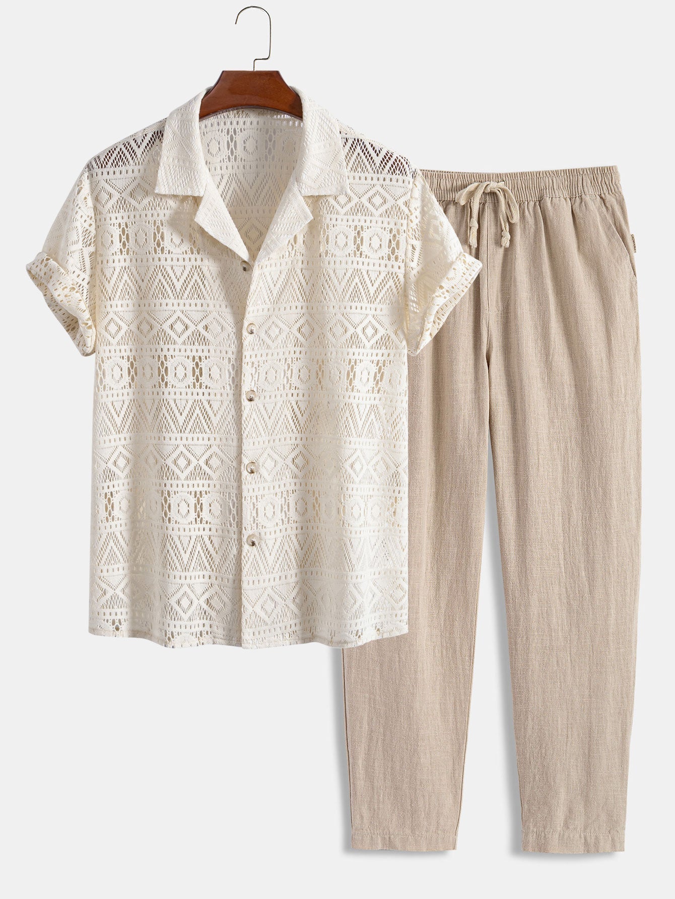 Short Sleeve Crochet Shirt and Drawstring Trousers Set