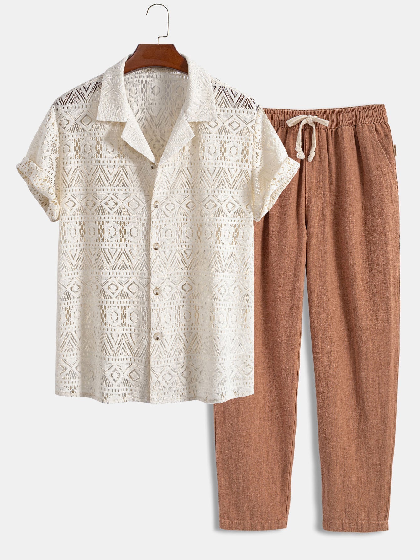 Short Sleeve Crochet Shirt and Drawstring Trousers Set