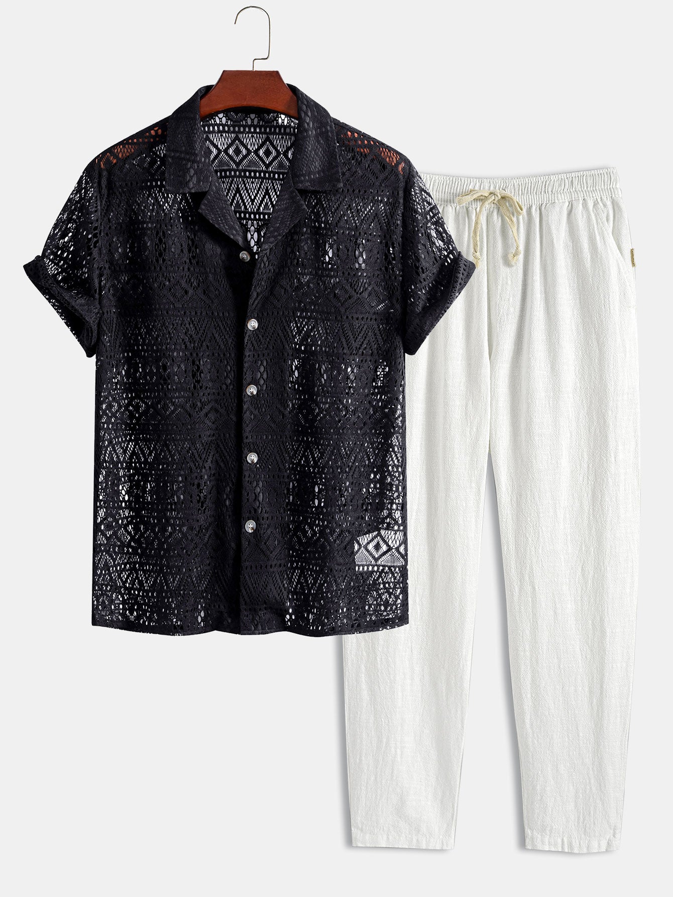 Short Sleeve Crochet Shirt and Drawstring Trousers Set
