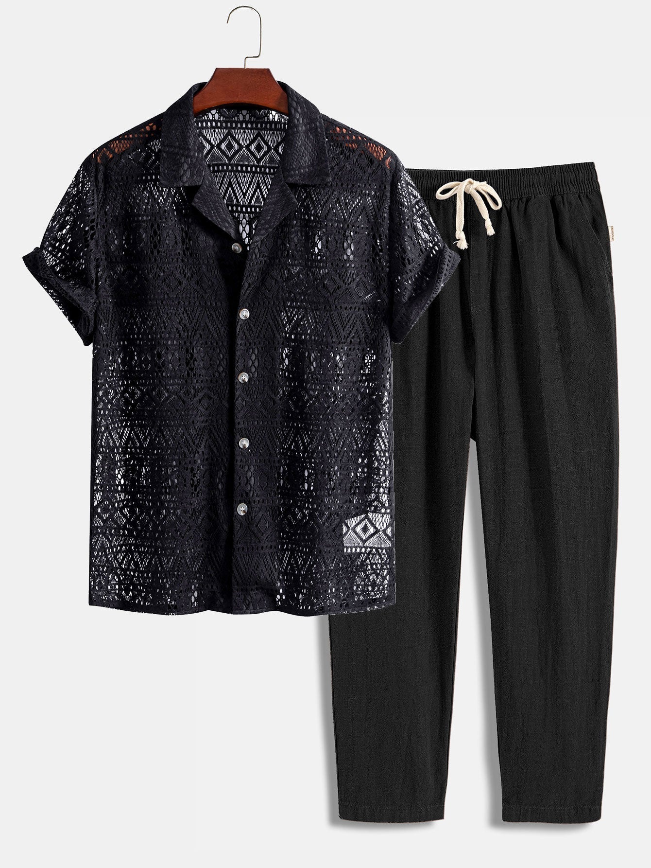 Short Sleeve Crochet Shirt and Drawstring Trousers Set