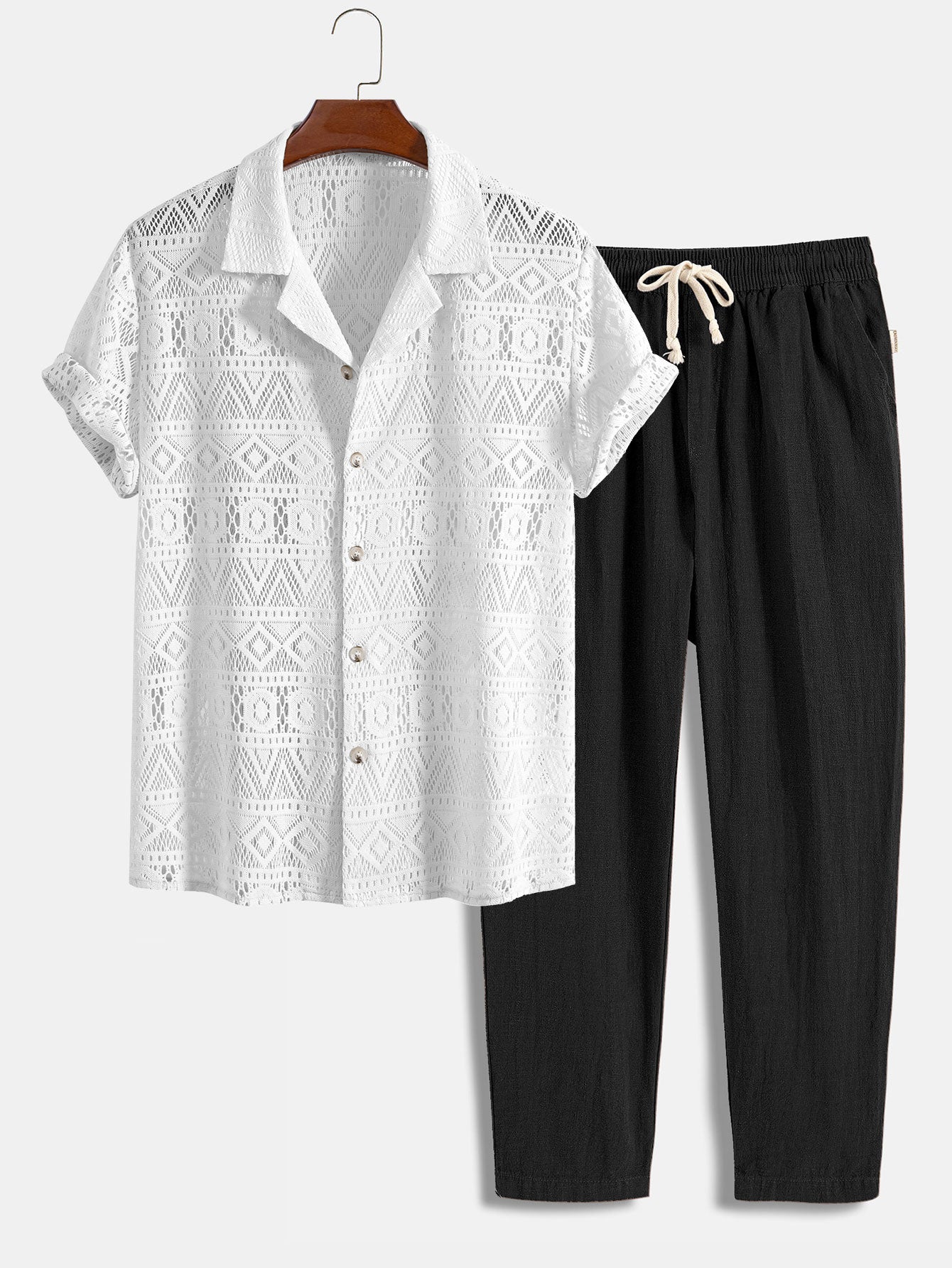 Short Sleeve Crochet Shirt and Drawstring Trousers Set