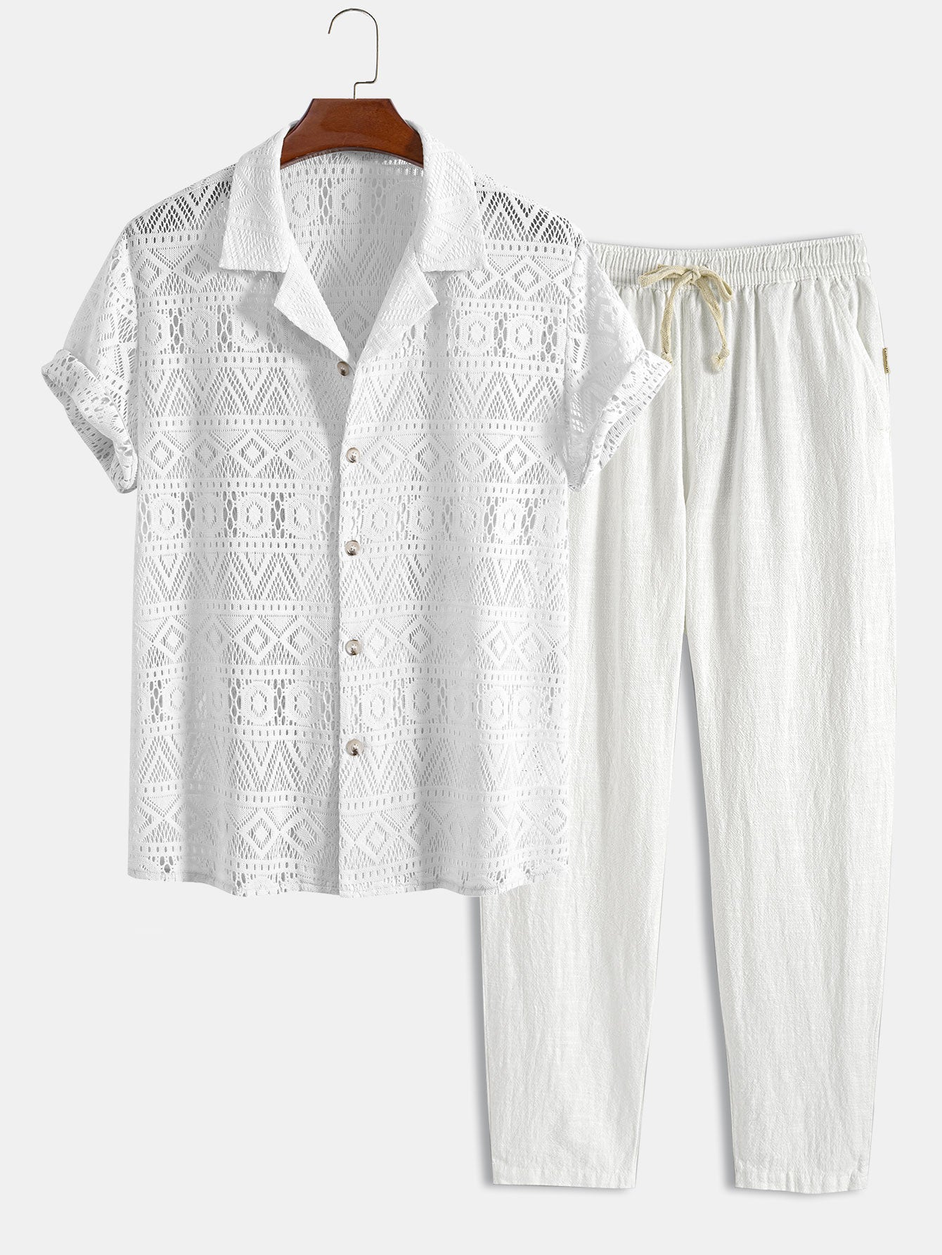 Short Sleeve Crochet Shirt and Drawstring Trousers Set