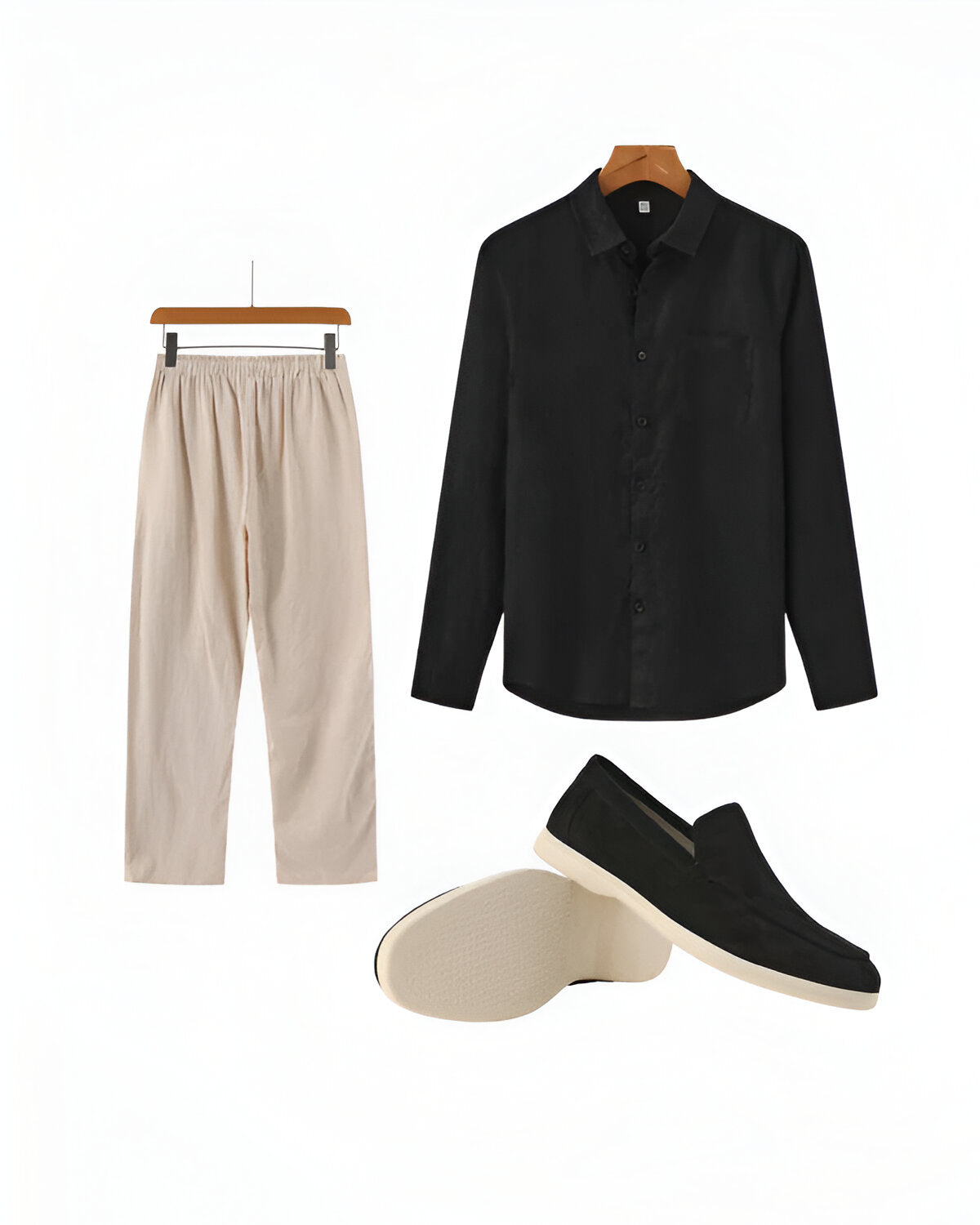 St Tropez Night | Black Linen Shirt, Beige Trousers and Loafers Set