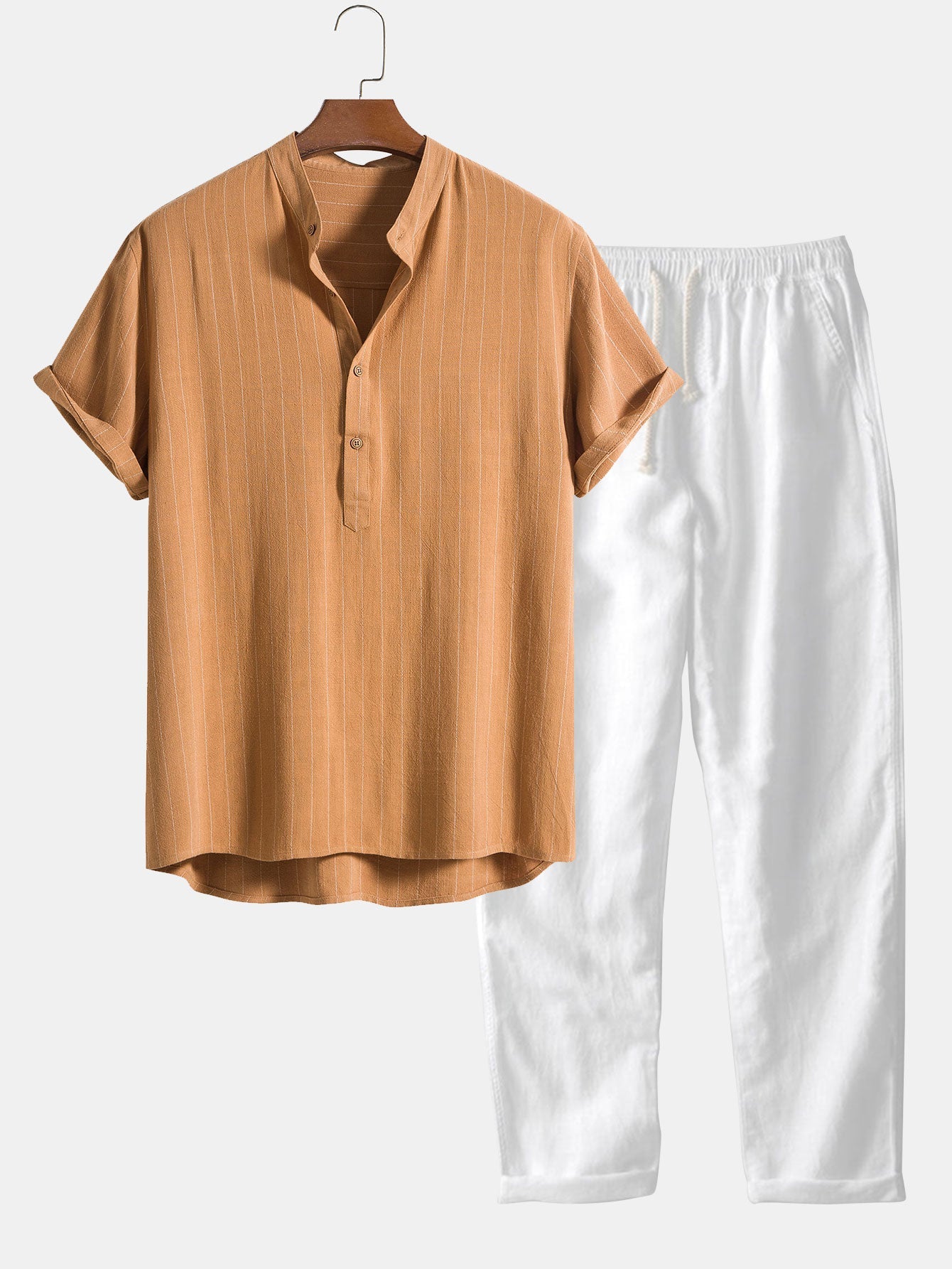 Striped Collarless Short Sleeve Shirt and Drawstring Trousers Set