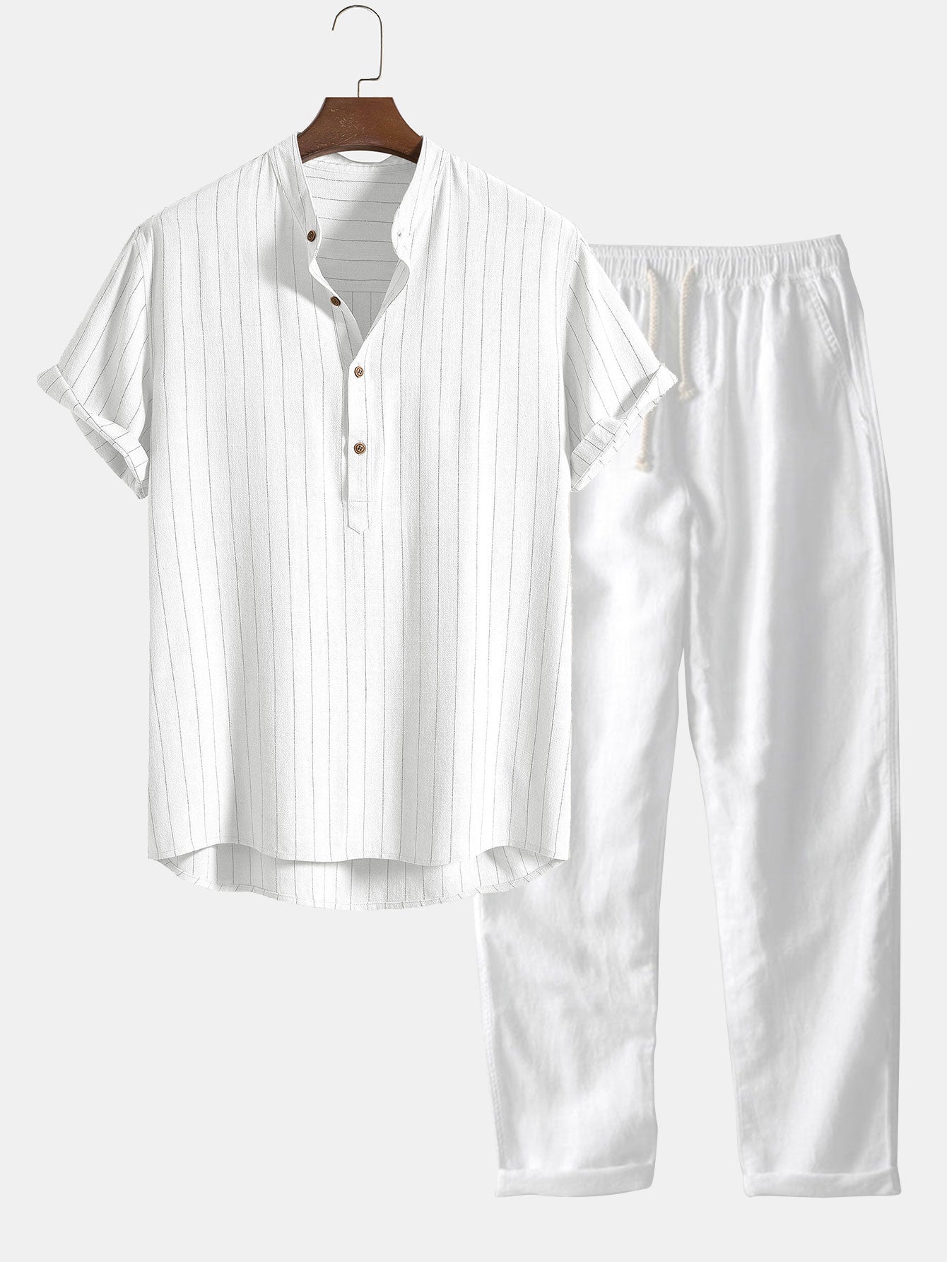 Striped Collarless Short Sleeve Shirt and Drawstring Trousers Set