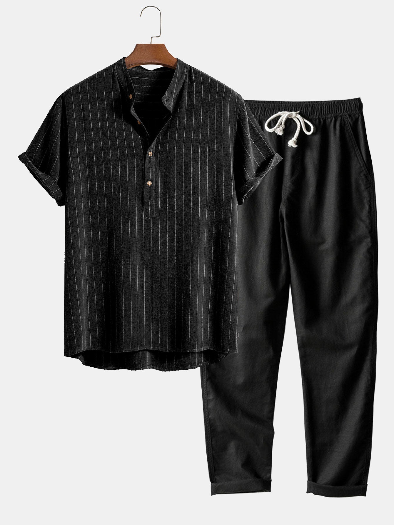 Striped Collarless Short Sleeve Shirt and Drawstring Trousers Set