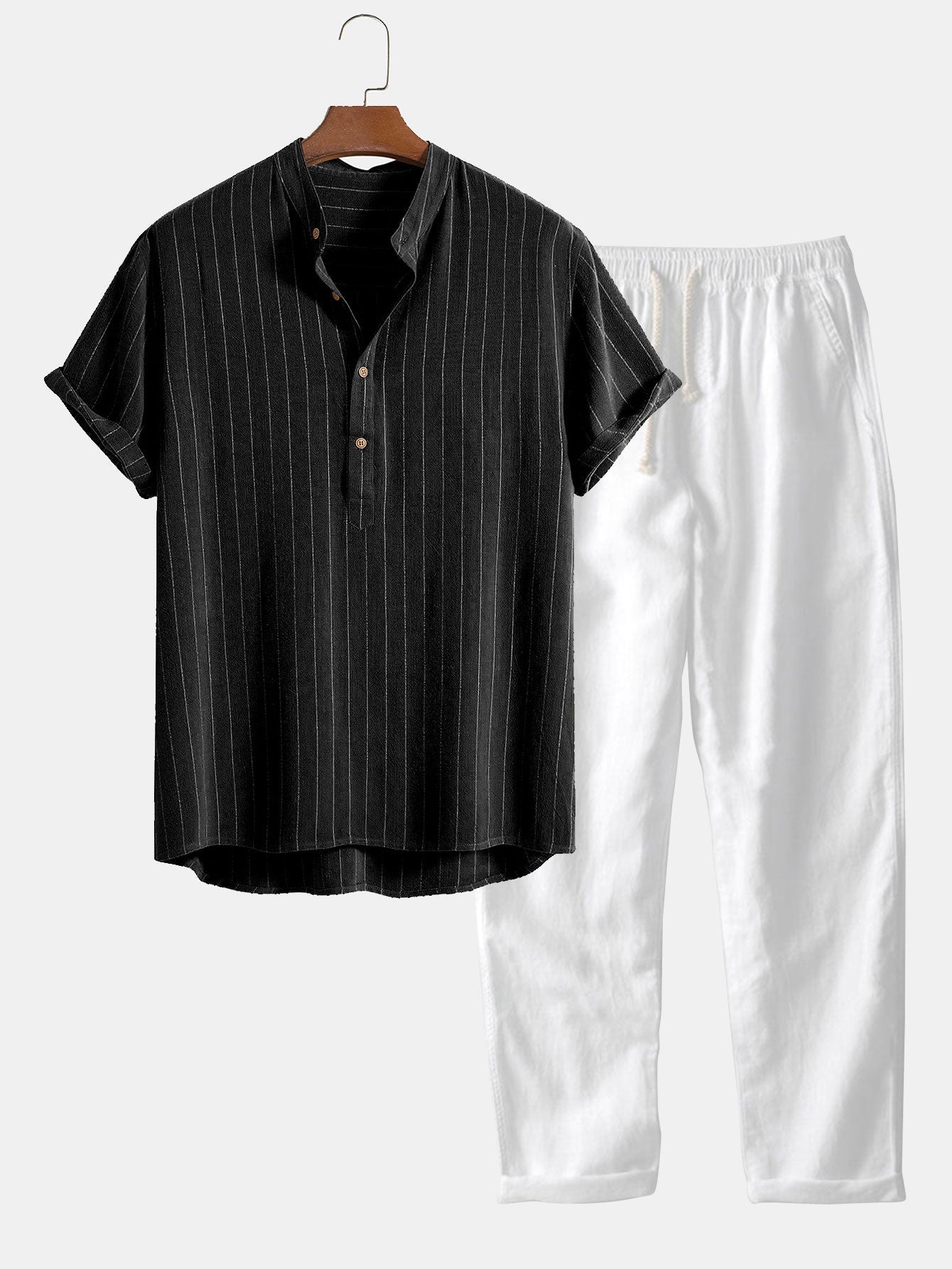 Striped Collarless Short Sleeve Shirt and Drawstring Trousers Set
