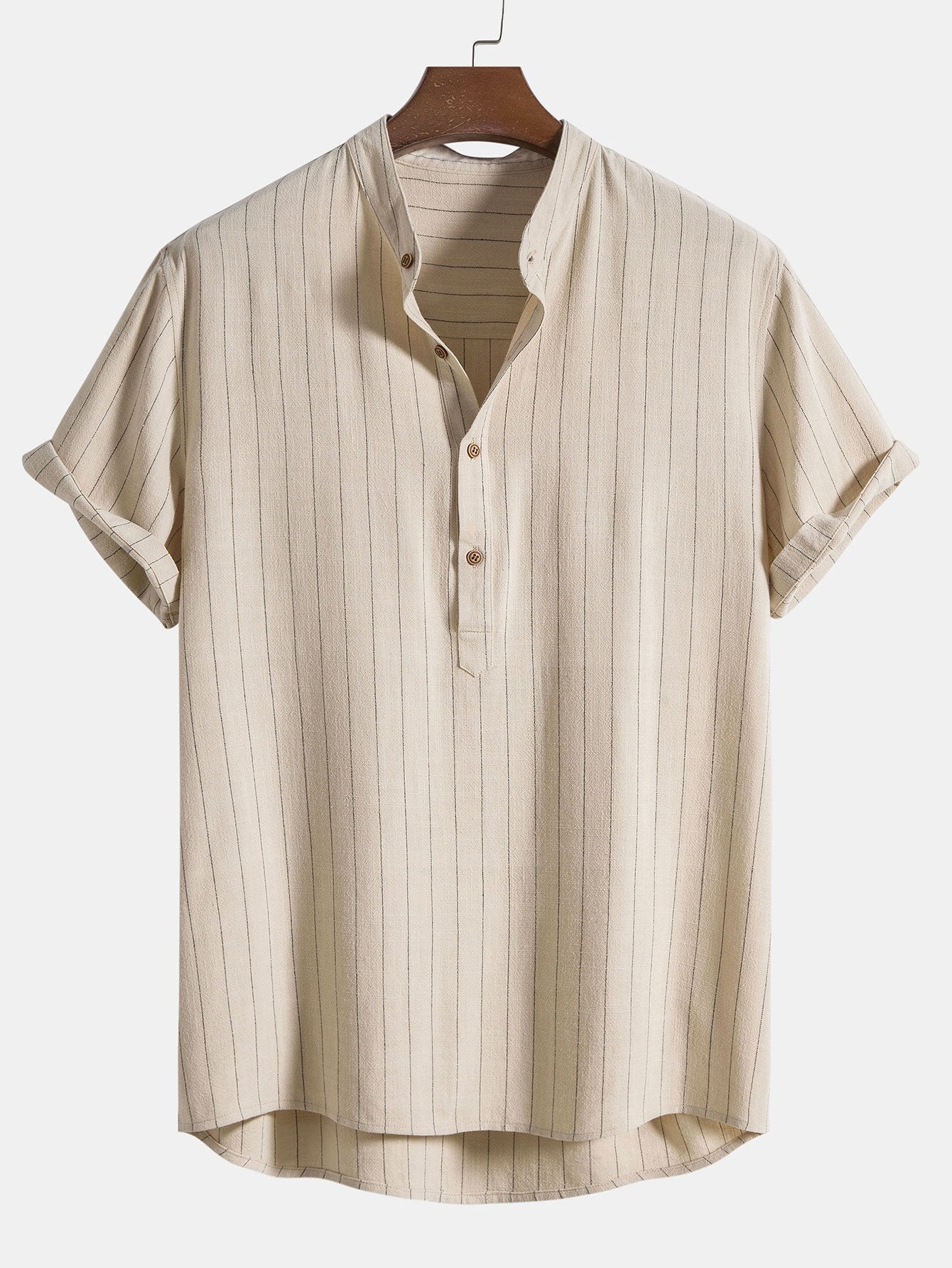 Striped Collarless Short Sleeve Shirt and Drawstring Trousers Set