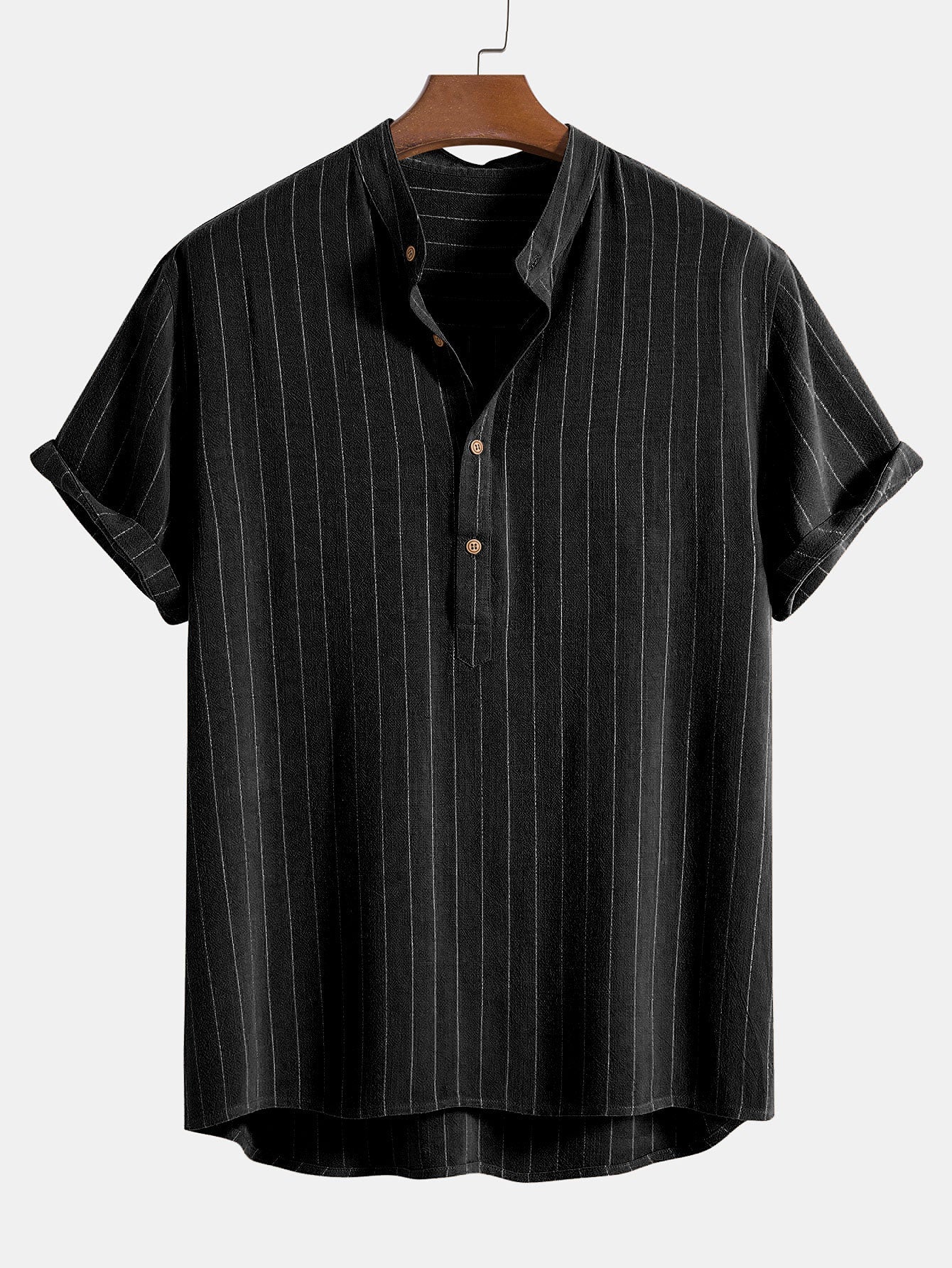 Striped Collarless Short Sleeve Shirt and Drawstring Trousers Set