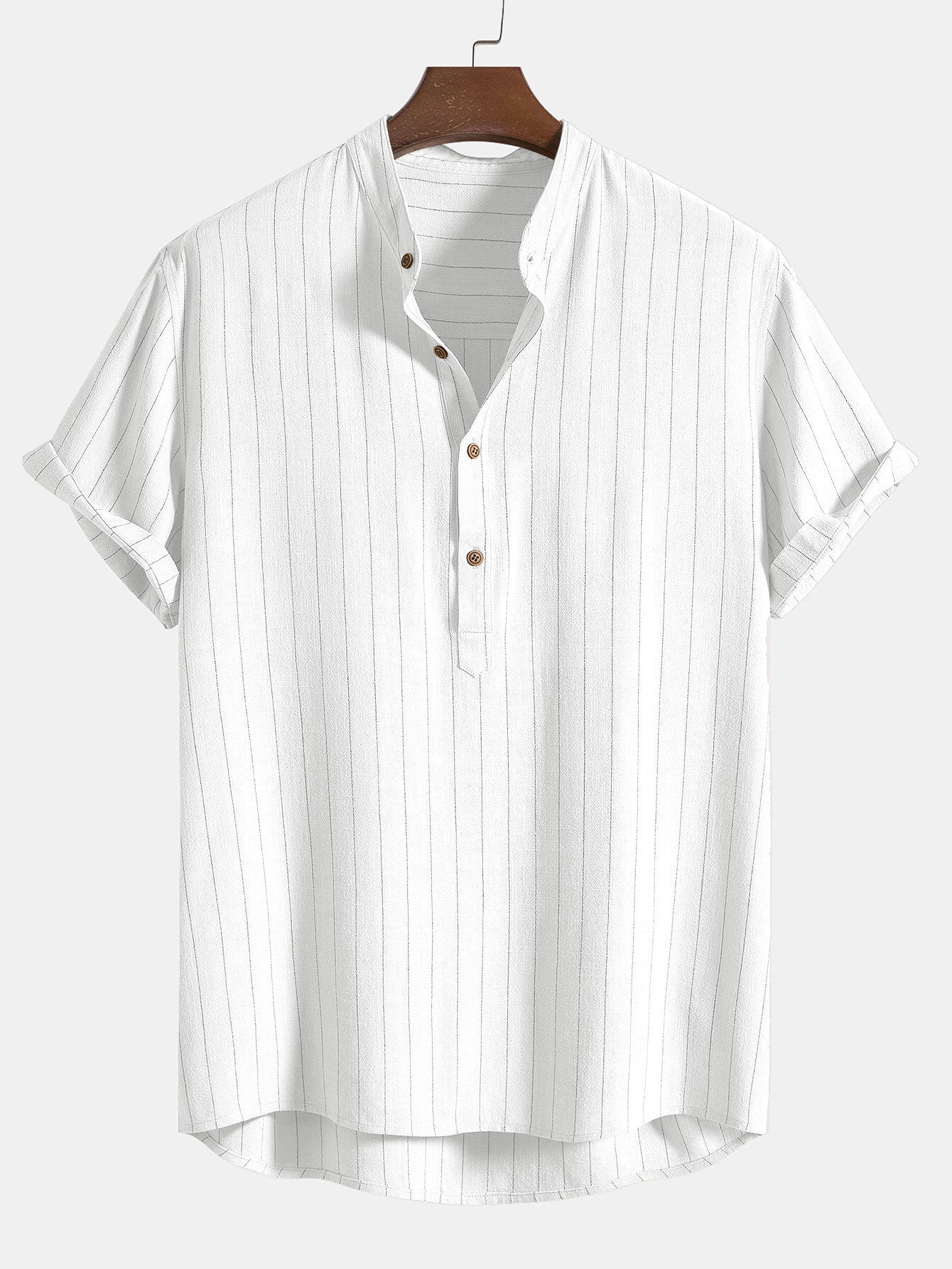 Striped Collarless Short Sleeve Shirt and Drawstring Trousers Set