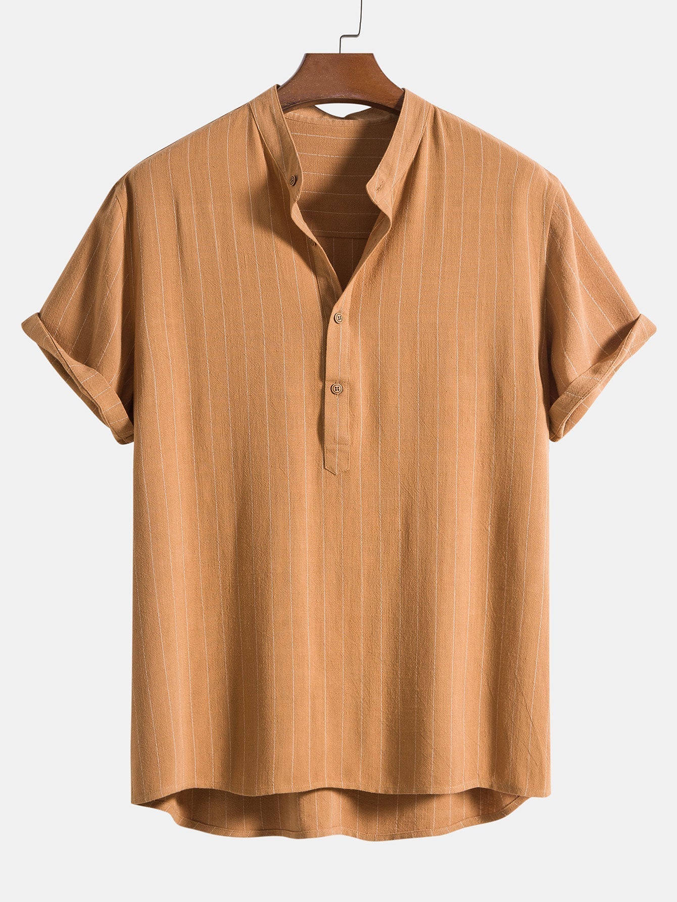 Striped Collarless Short Sleeve Shirt and Drawstring Trousers Set