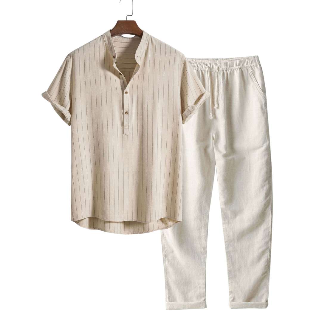 Striped Collarless Short Sleeve Shirt and Drawstring Trousers Set