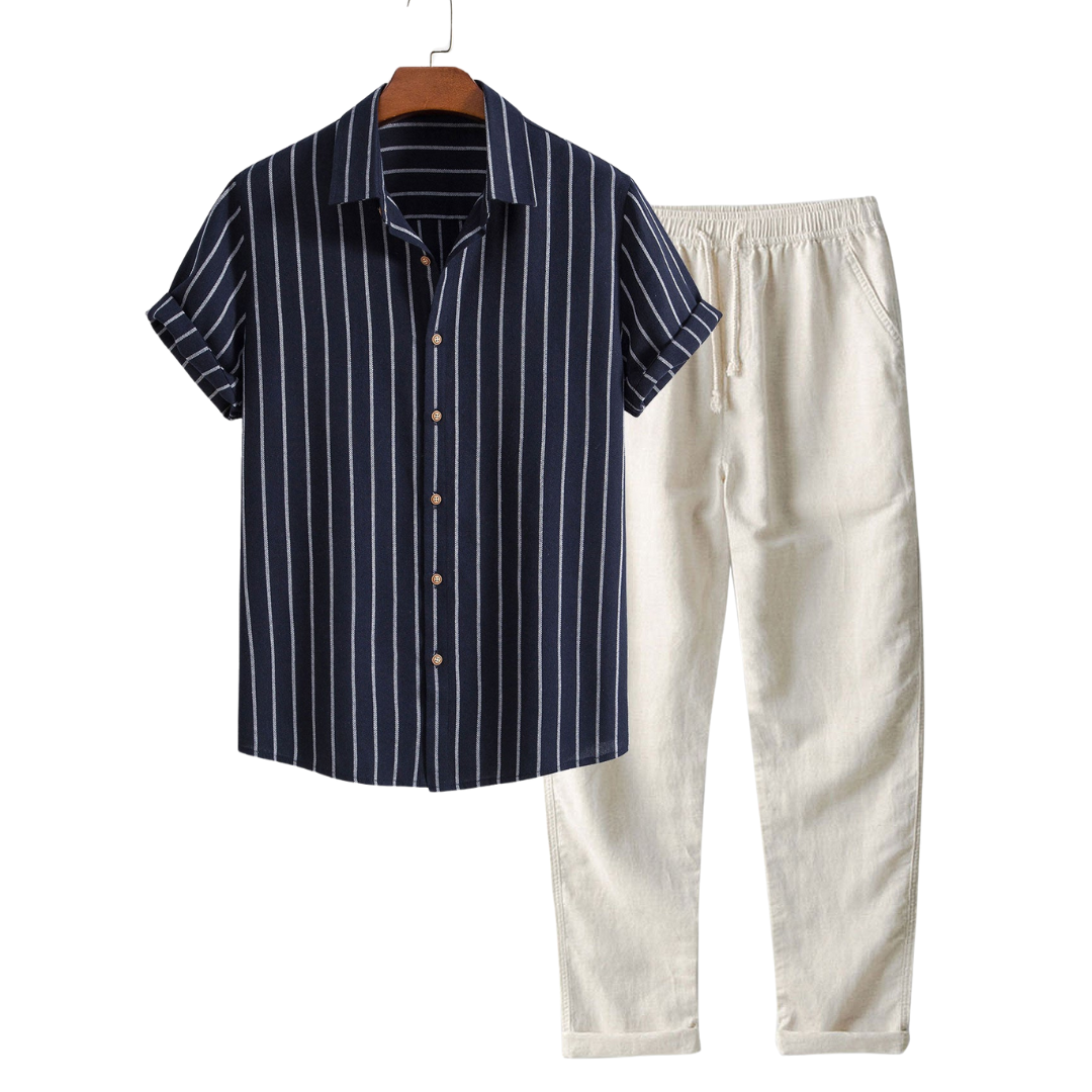 Vertical Stripe Shirt and Drawstring Trousers Set