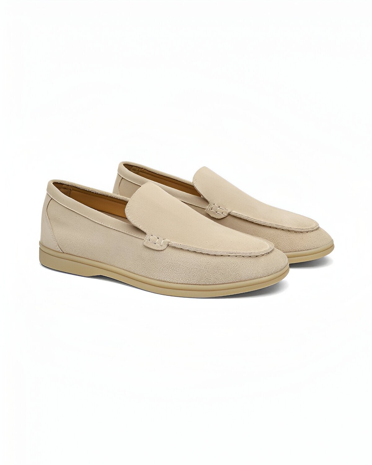 White Collarless Shirt, Black Trousers and Beige Loafers Outfit
