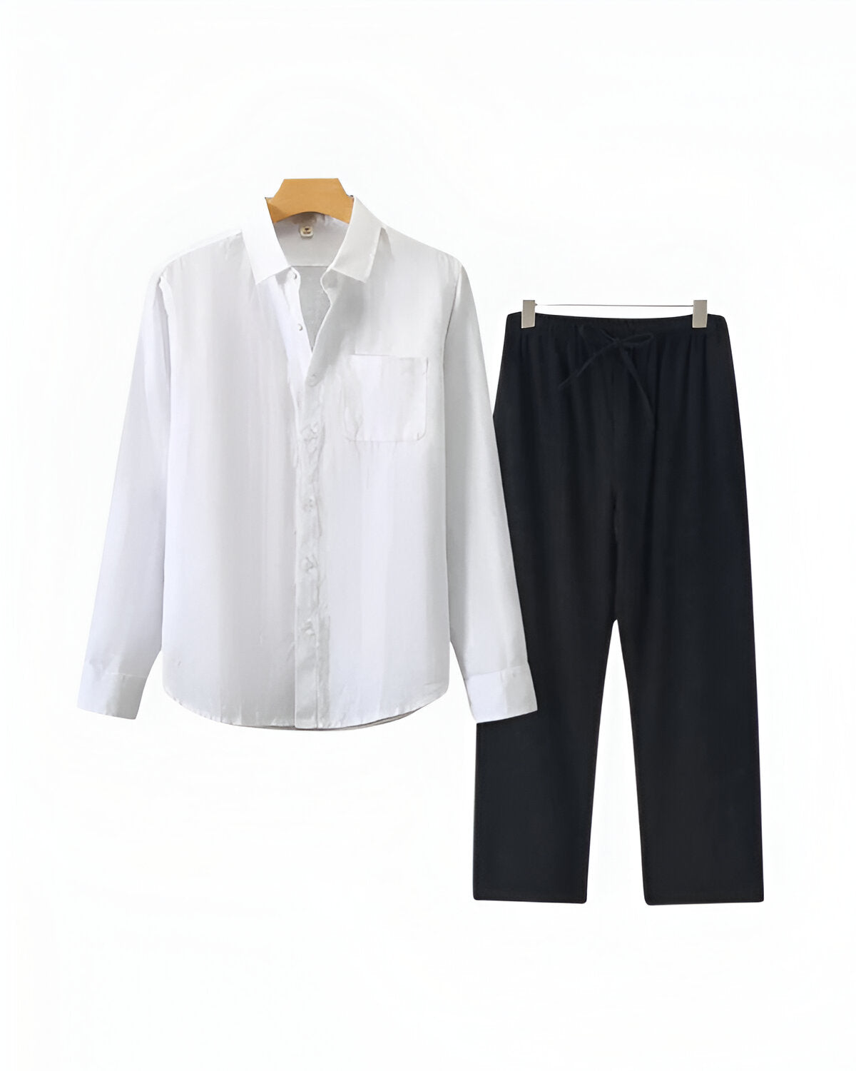 White Collarless Shirt, Black Trousers and Beige Loafers Outfit